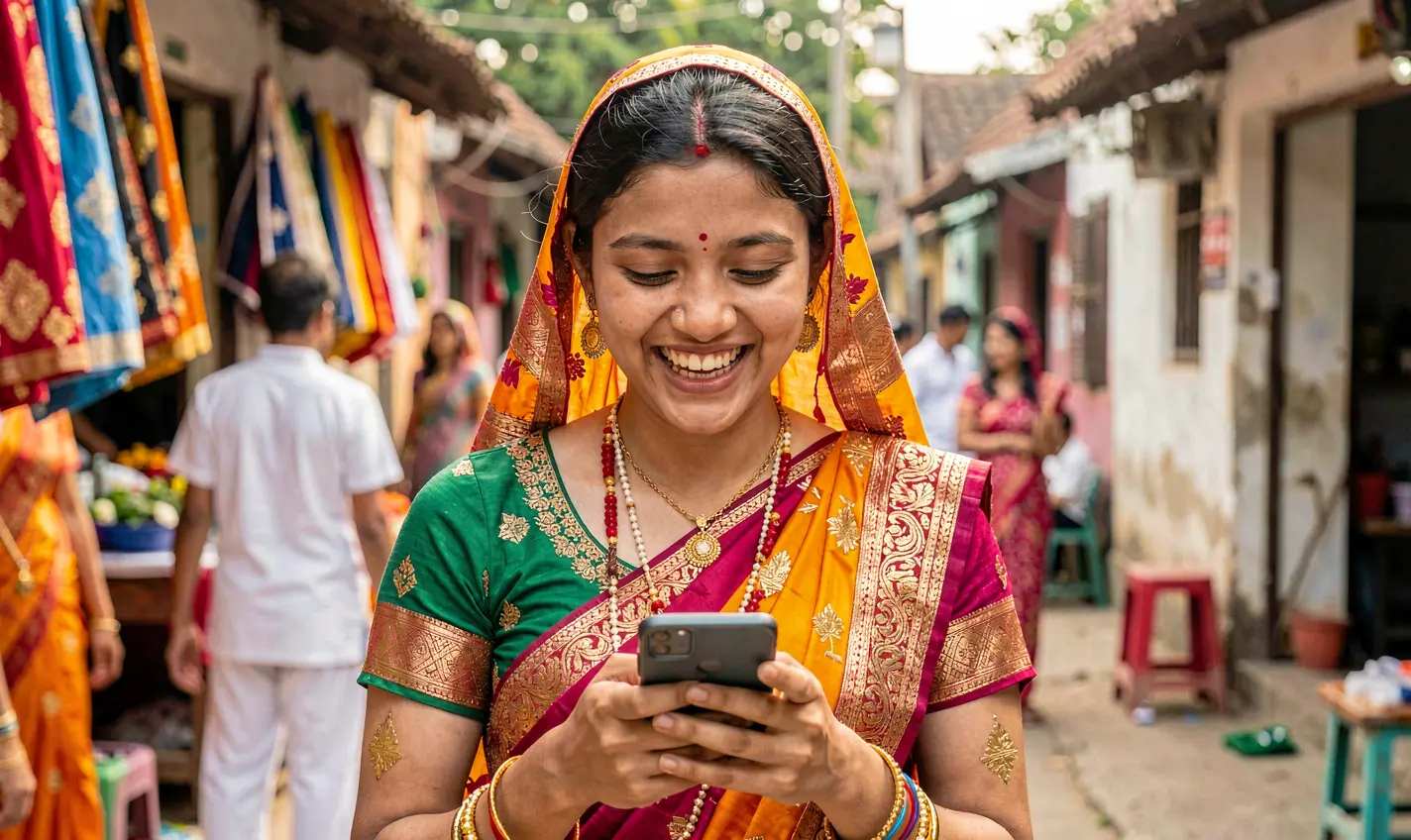 Happy Bangladeshi woman smiling while using the 76OK casino app on her smartphone in a colorful cultural setting