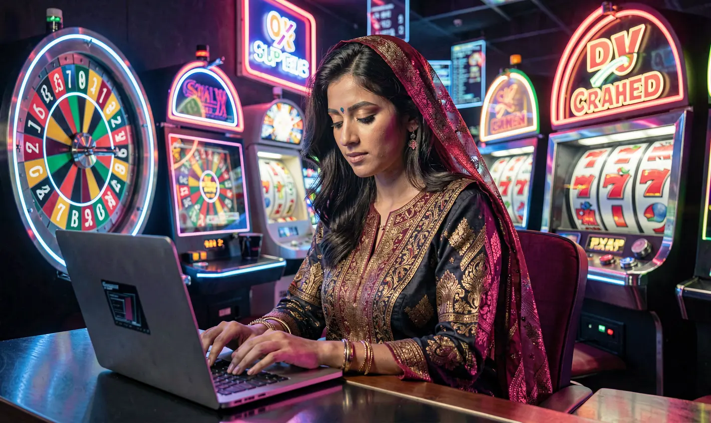 Focused Bangladeshi female gamer playing online casino games on a laptop with bright roulette visuals behind her on 76OK