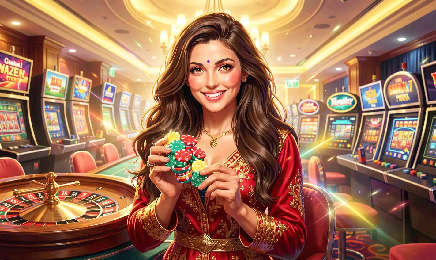 Confident Bangladeshi casino woman holding poker chips with a glowing roulette wheel behind her highlighting premium gaming on 76OK