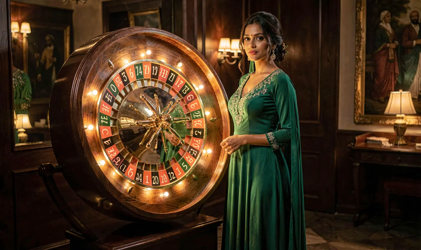 Confident casino hostess in a sparkling green dress standing before a colorful roulette wheel highlighting the premium live casino environment of 76OK in Bangladesh