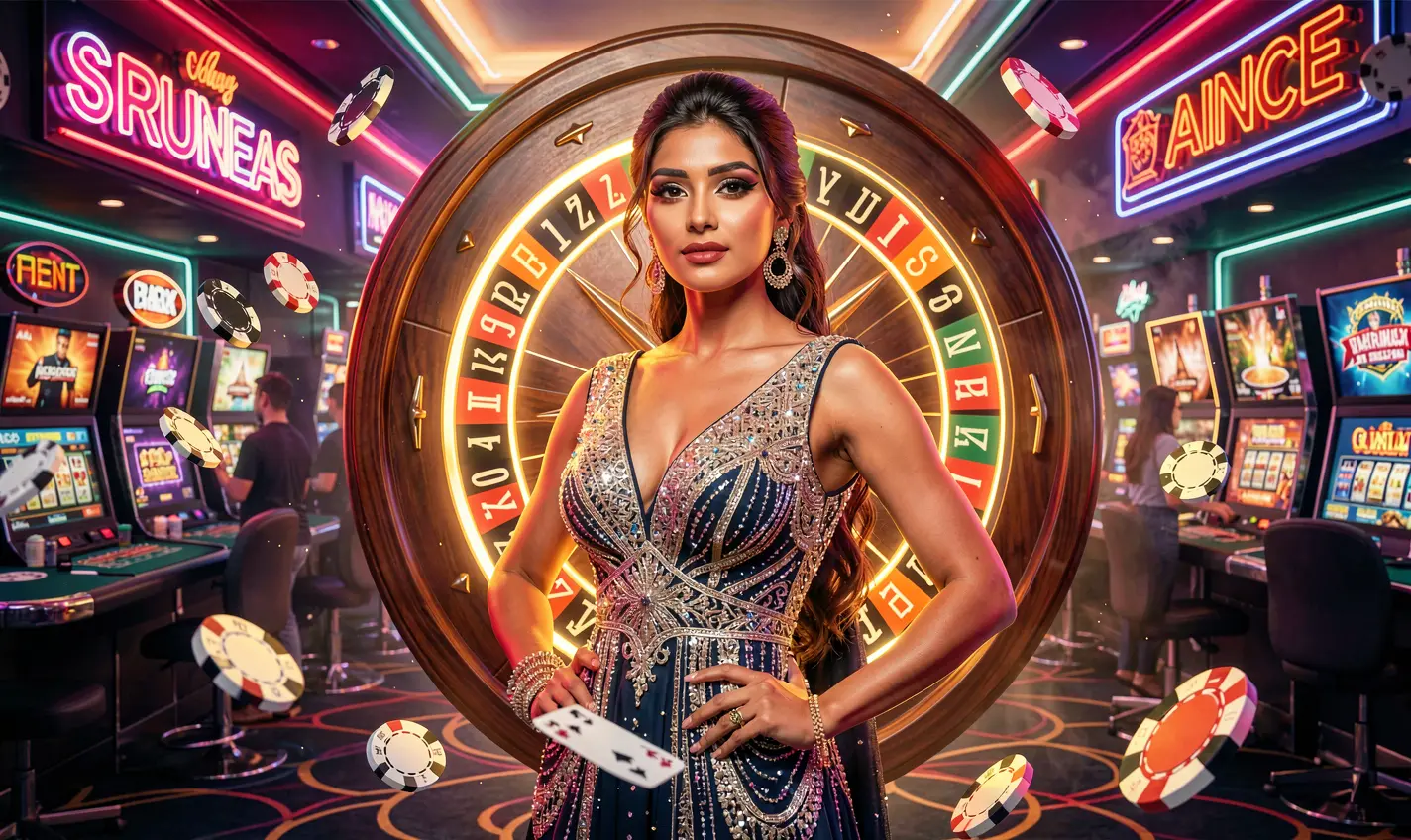 A glamorous casino hostess in a sparkling dress standing before a vibrant roulette wheel with flying chips showcasing the premium casino entertainment atmosphere of 76OK in Bangladesh